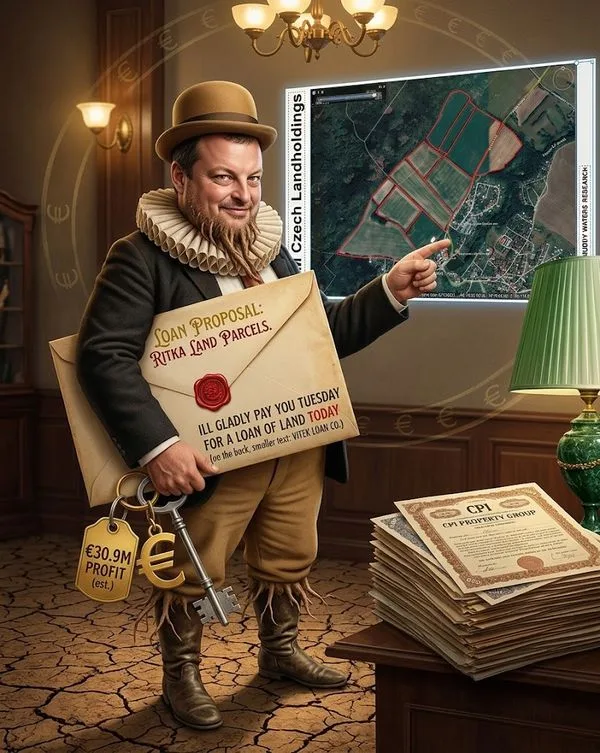 Caricatured man in historical costume holds a large envelope labeled 'Soan Proposal: Ritka Land Parcels', with keys and a euro tag, pointing to a map of land parcels on a screen.