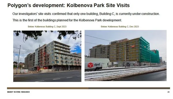 Two photos of buildings under construction for Kolbenova Park development (Building C), shown from street level with scaffolding and construction fencing.