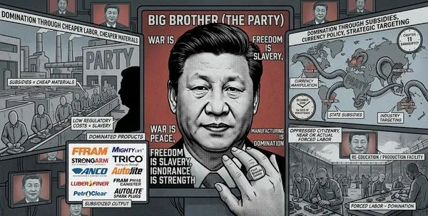 Political cartoon condemning authoritarian control, with a central Xi Jinping portrait and panels about propaganda, surveillance, and labor abuse by the Party.