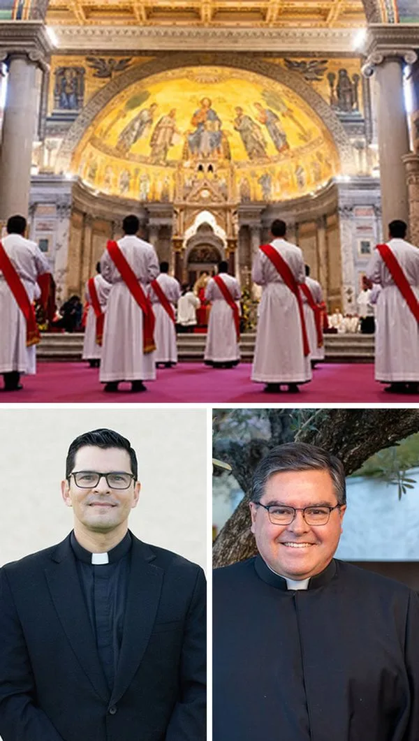 Priests in white robes with red sashes stand in a grand cathedral with a gold mosaic dome above and ornate arches behind them, facing an altar thinly visible on pink carpeted floor. (collage including two portraits below)