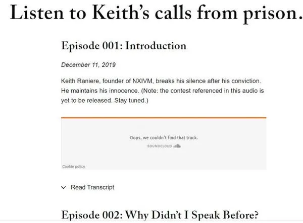 Screenshot from Raniere's speaks showing the audios have been removed by SoundCloud.